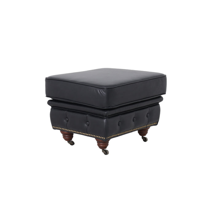 Belgravia Classic Top Grain Leather Ottoman with Button Tufting and Brass Nail head Trim