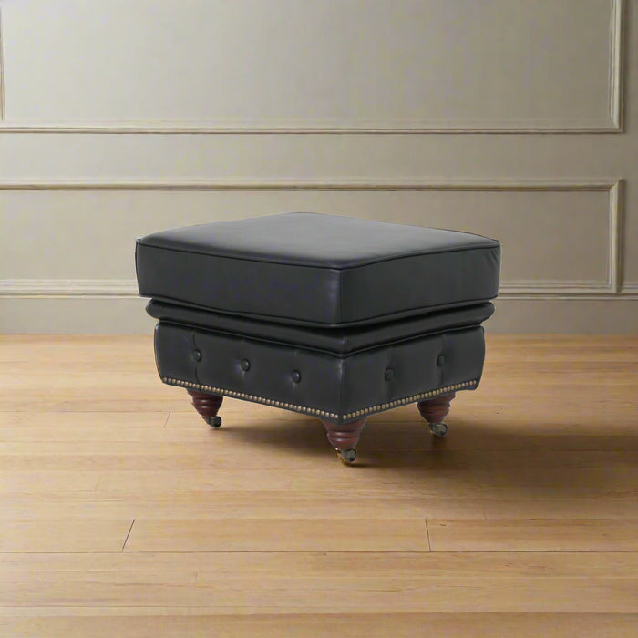 Belgravia Classic Top Grain Leather Ottoman with Button Tufting and Brass Nail head Trim