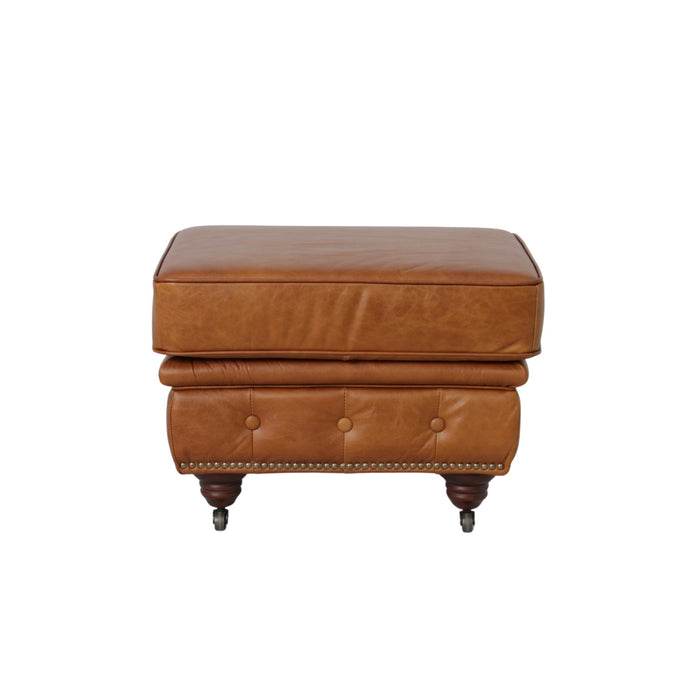 Belgravia Classic Top Grain Leather Ottoman with Button Tufting and Brass Nail head Trim