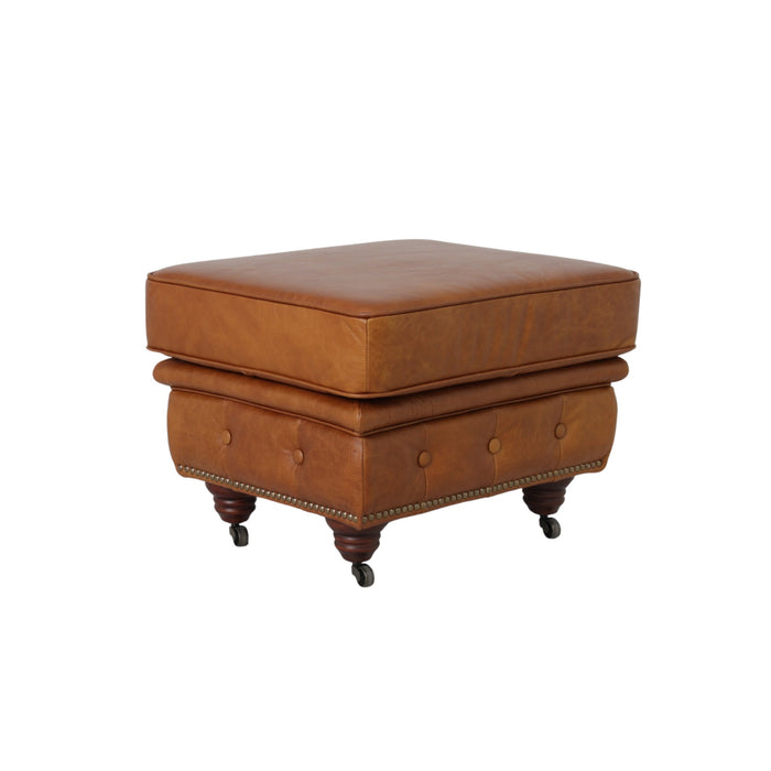 Belgravia Classic Top Grain Leather Ottoman with Button Tufting and Brass Nail head Trim