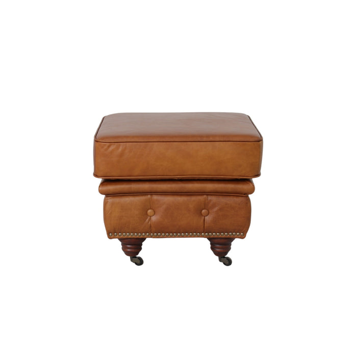 Belgravia Classic Top Grain Leather Ottoman with Button Tufting and Brass Nail head Trim