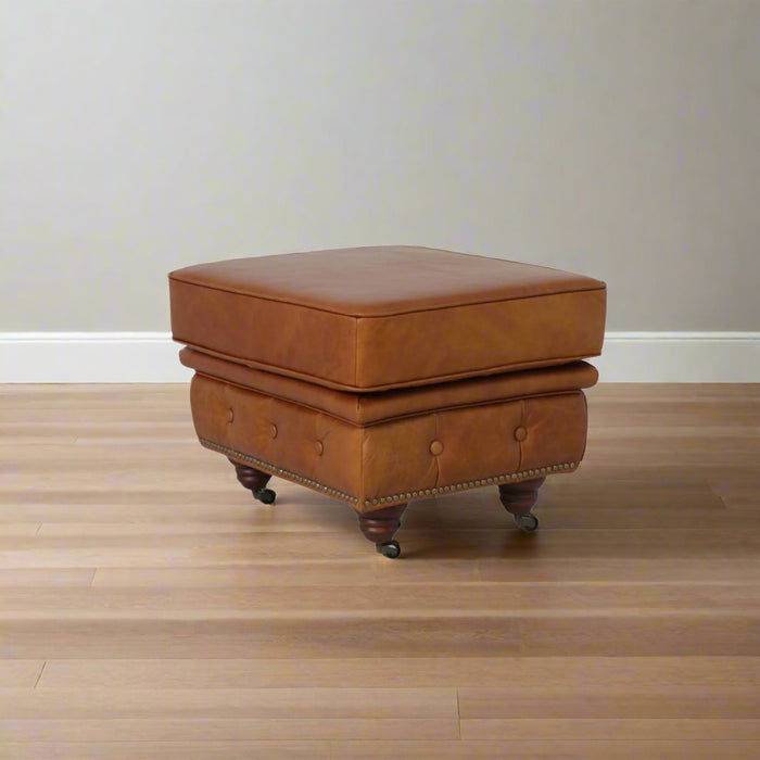Belgravia Classic Top Grain Leather Ottoman with Button Tufting and Brass Nail head Trim