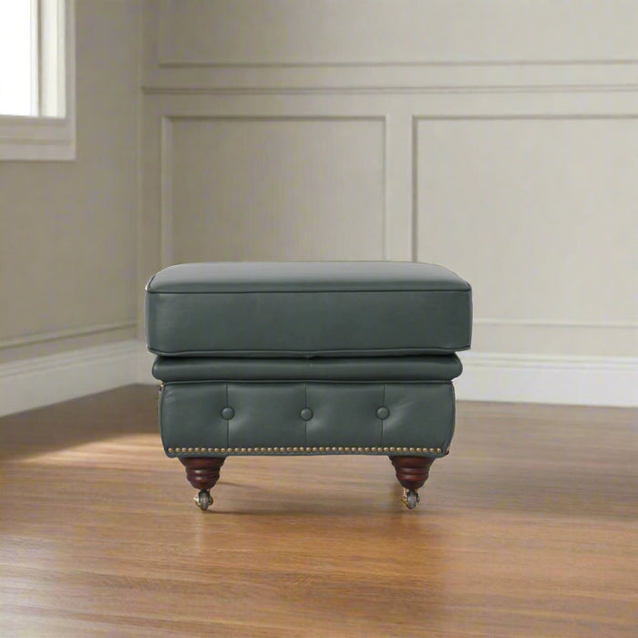Belgravia Classic Top Grain Leather Ottoman with Button Tufting and Brass Nail head Trim