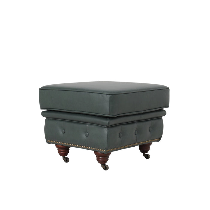 Belgravia Classic Top Grain Leather Ottoman with Button Tufting and Brass Nail head Trim