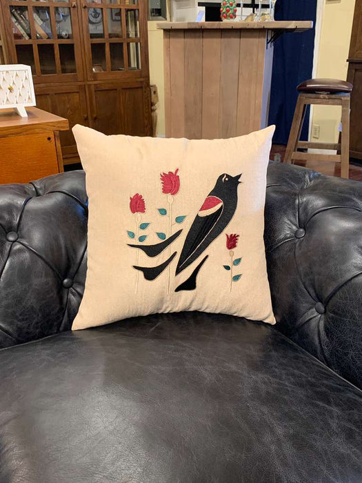 Arts & Crafts Mission-Style Embroidered Cushion / Pillow – Bird & Floral Design