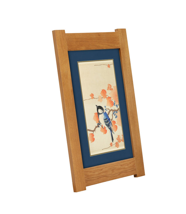 Arts & Crafts Mission Oak Framed Art with Blue Jay in Autumn Blossom