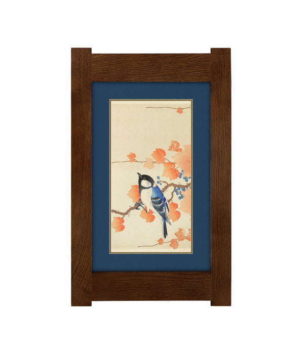 Arts & Crafts Mission Oak Framed Art with Blue Jay in Autumn Blossom