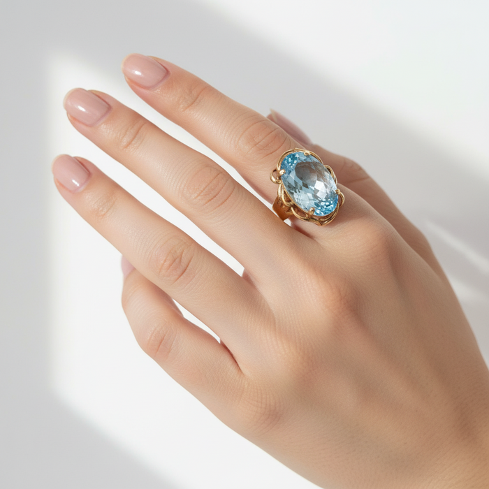 14K Blue Topaz Large Oval Ring