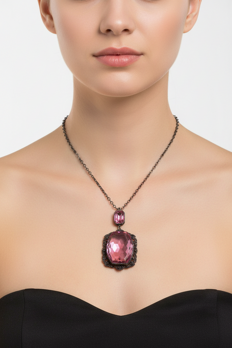 Large Pink Glass Pendant Necklace