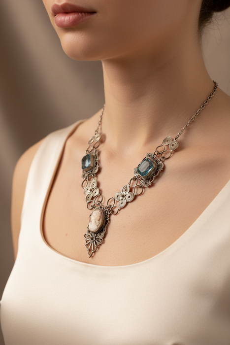 Blue Stone with Cameo Necklace