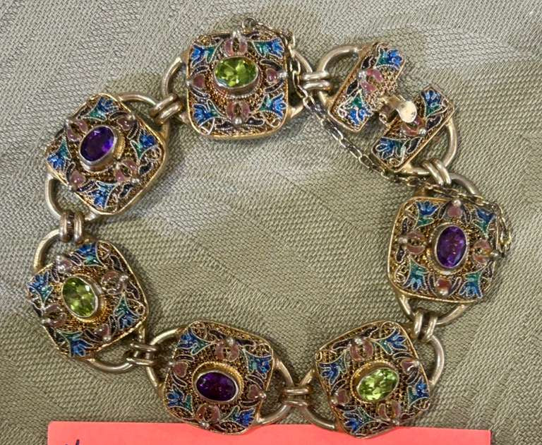 Vintage S.S. Bracelet w/ Amethyst, Peridot, & Enamel