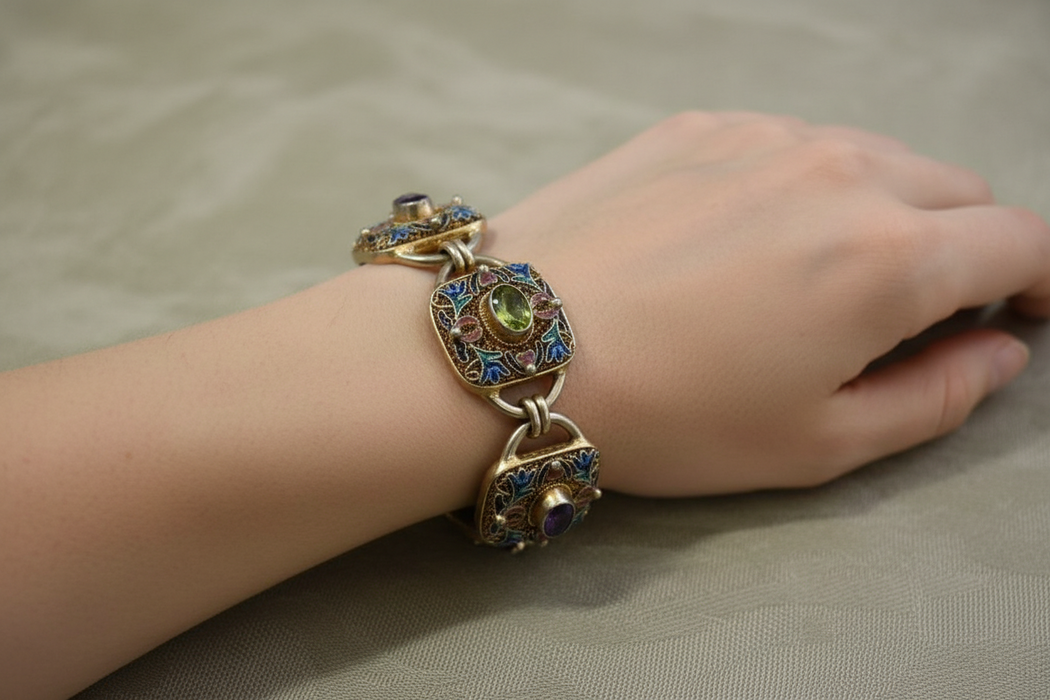 Vintage S.S. Bracelet w/ Amethyst, Peridot, & Enamel