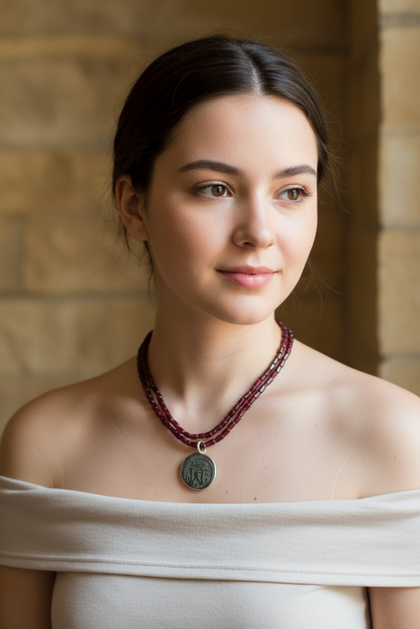 Garnet neck with old coin