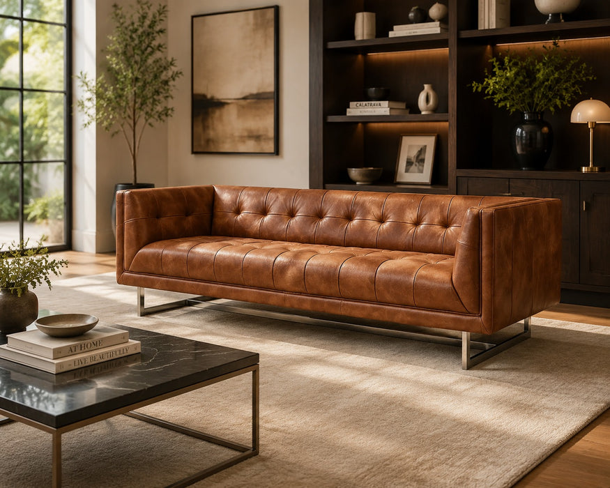 Miranda Contemporary Chesterfield Sofa - Light Brown Leather