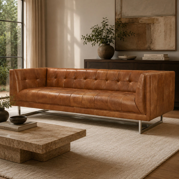 Miranda Contemporary Chesterfield Sofa - Light Brown Leather
