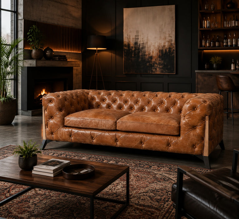 Crafters and Weavers Olivia Leather Tufted Chesterfield Sofa in Light Brown