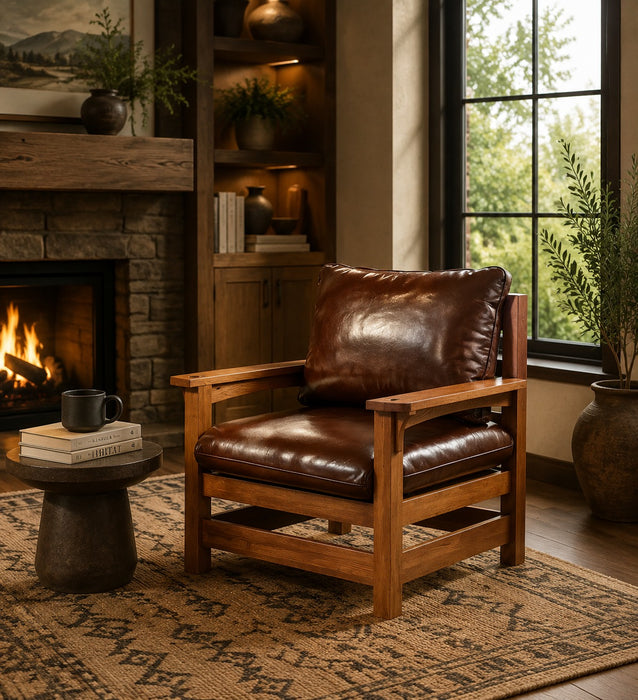 Preorder Mission Leather and Oak Armchair / Living Room chair - Chestnut