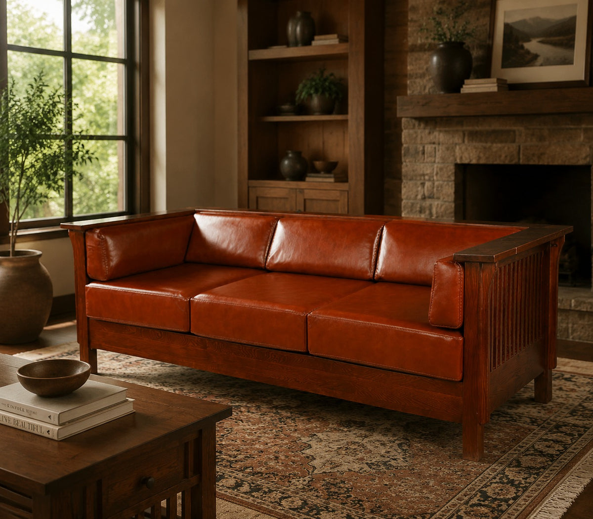 Mission / Craftsman Cubic Slat Side Sofa - Russet Brown Leather