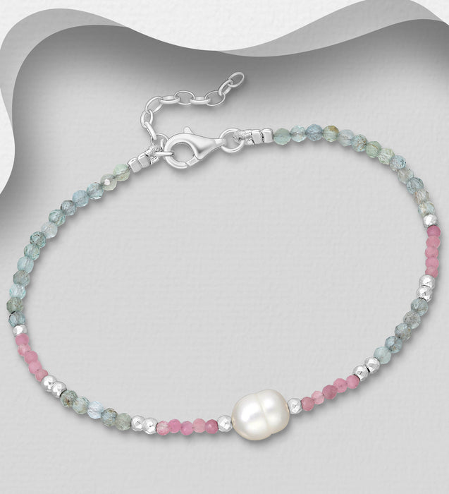 Sterling Silver Bracelet with Freshwater Pearls & Gemstone Beads -  7 - 8"