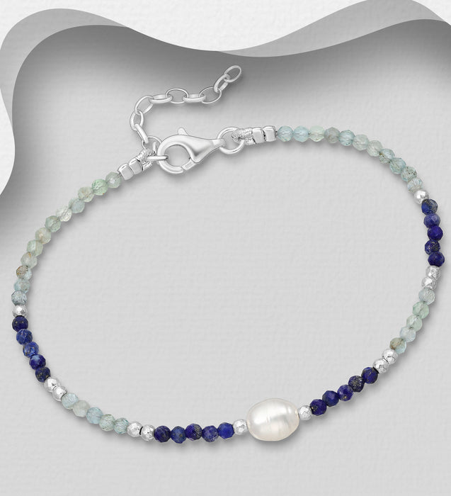 Sterling Silver Bracelet with Freshwater Pearls & Gemstone Beads -  7 - 8"