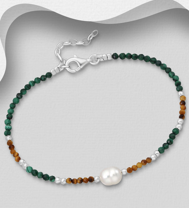 Sterling Silver Bracelet with Freshwater Pearls & Gemstone Beads -  7 - 8"