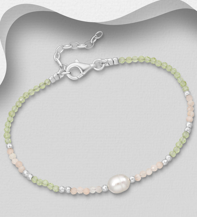 Sterling Silver Bracelet with Freshwater Pearls & Gemstone Beads -  7 - 8"