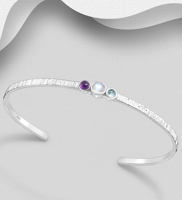 Sterling Silver Cuff with Amethyst, Rainbow Moonstone & Sky Blue Topaz