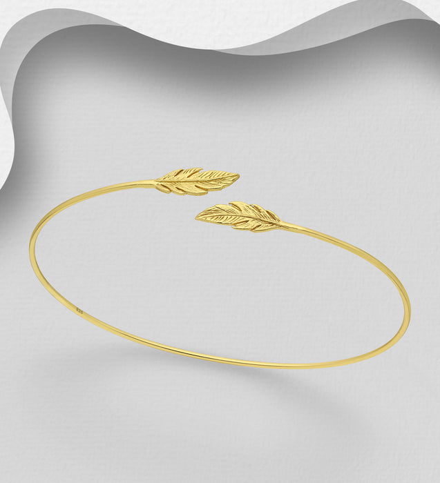 Silver Feather Cuff, Plated with 1 Micron 14K or 18K Yellow Gold