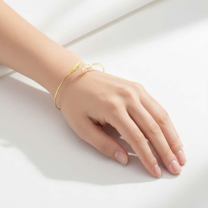 Silver Feather Cuff, Plated with 1 Micron 14K or 18K Yellow Gold