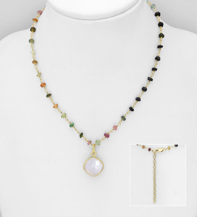 Sterling Silver Necklace with Rainbow Moonstone & Tourmaline, Plated with 9K Yellow Gold