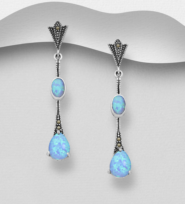 Sterling Silver Push-Back Earrings with Lab-Created Opal & Marcasite