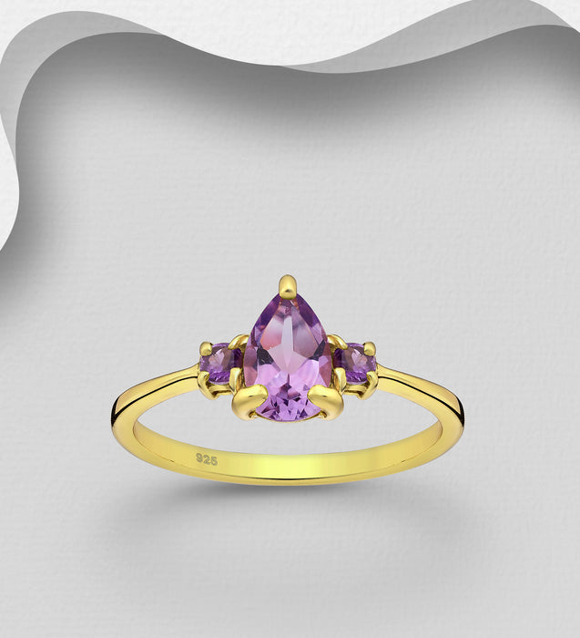 Sterling Silver Ring, Decorated with Amethyst, Plated with 0.5 Micron 18K Yellow Gold