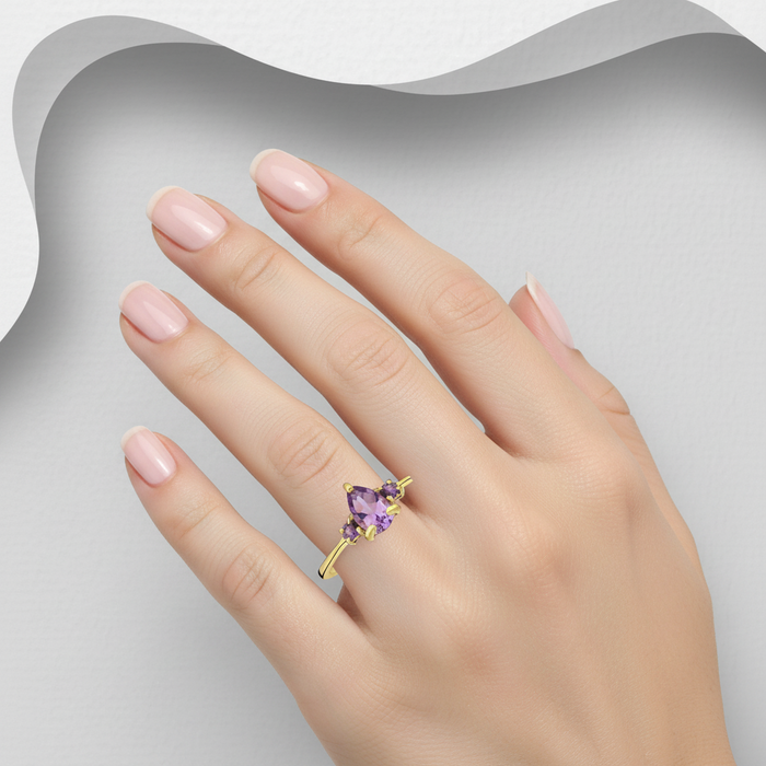 Sterling Silver Ring, Decorated with Amethyst, Plated with 0.5 Micron 18K Yellow Gold