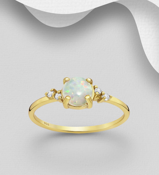Sterling Silver Ring with Lab-Created Opal & White Zircon, Plated with 18K Yellow Gold