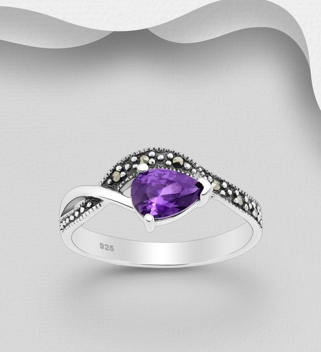 Sterling Silver Ring with CZ Simulated Diamond & Marcasite