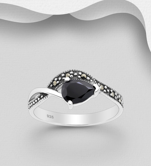 Sterling Silver Ring with CZ Simulated Diamond & Marcasite