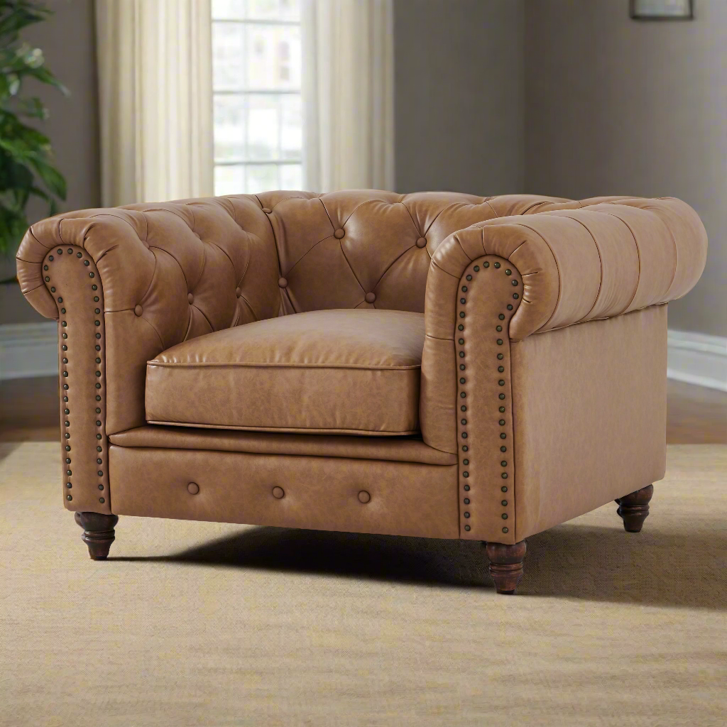 Brown Leather Arm Chair, Niagara Furniture, solid mahogany frame, image size:1024x1024