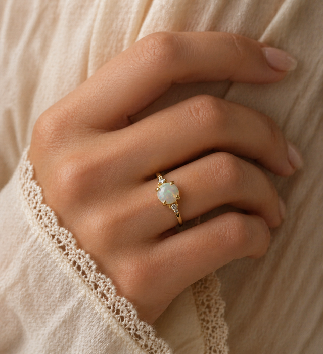 Sterling Silver Ring with Lab-Created Opal & White Zircon, Plated with 18K Yellow Gold