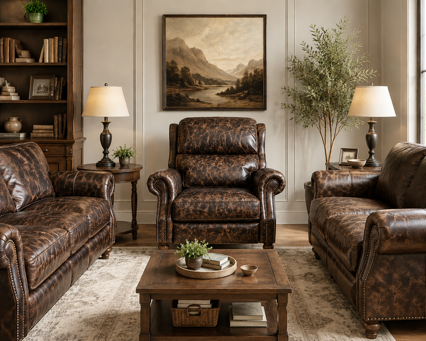 English Rolled Arm Recliner - Dark Brown Leather