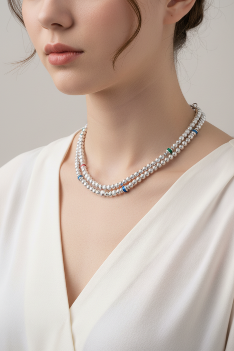 SS Beaded w/Enamel Necklace