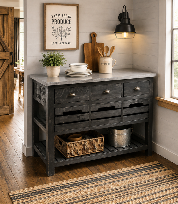 Barlow Crate Kitchen Island - Rustic Black and Zinc Top