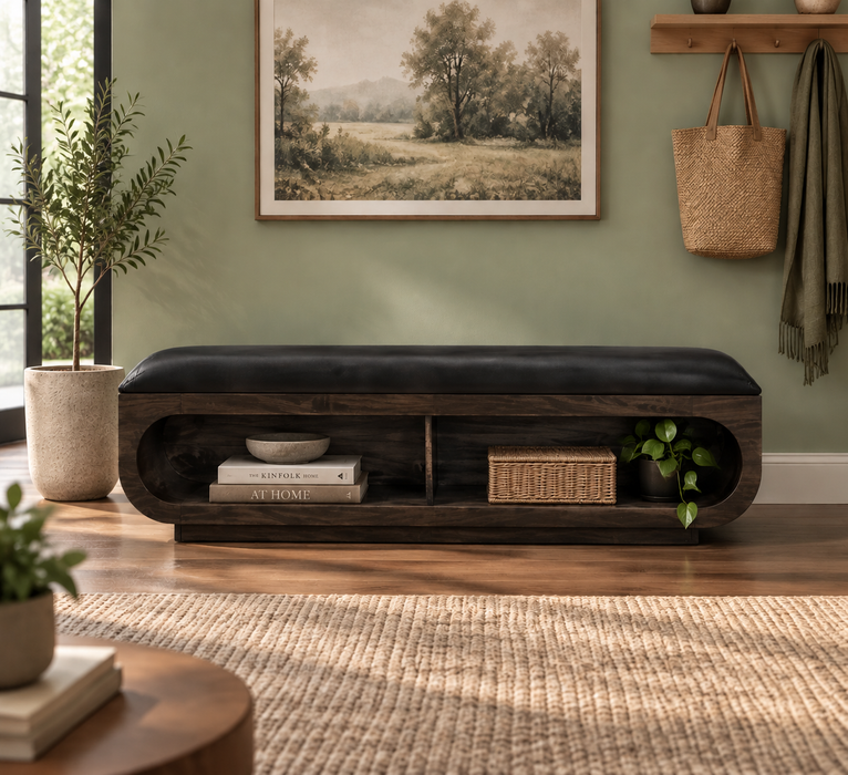 Balam, Wooden bench with a cushioned seat and open storage underneath