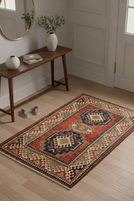 Hand-Knotted Vegetable Dye Kazak Rug from Pakistan, size 3' 4" x 5"