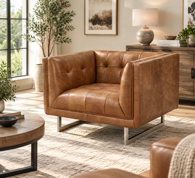 NEW! Taylor Contemporary Tufted Arm Chair - Light Brown Leather
