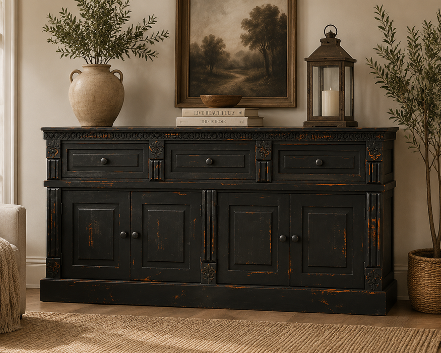 Rustic-Modern Distressed Black Solid Wood Sideboard, Cabinet