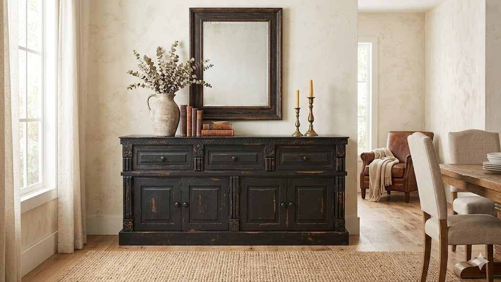 Rustic-Modern Distressed Black Solid Wood Sideboard, Cabinet