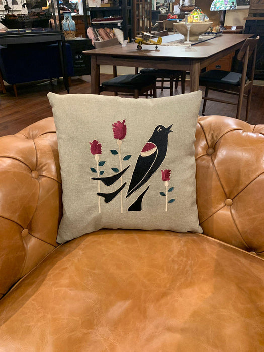 Arts & Crafts Mission-Style Embroidered Cushion / Pillow – Bird & Floral Design