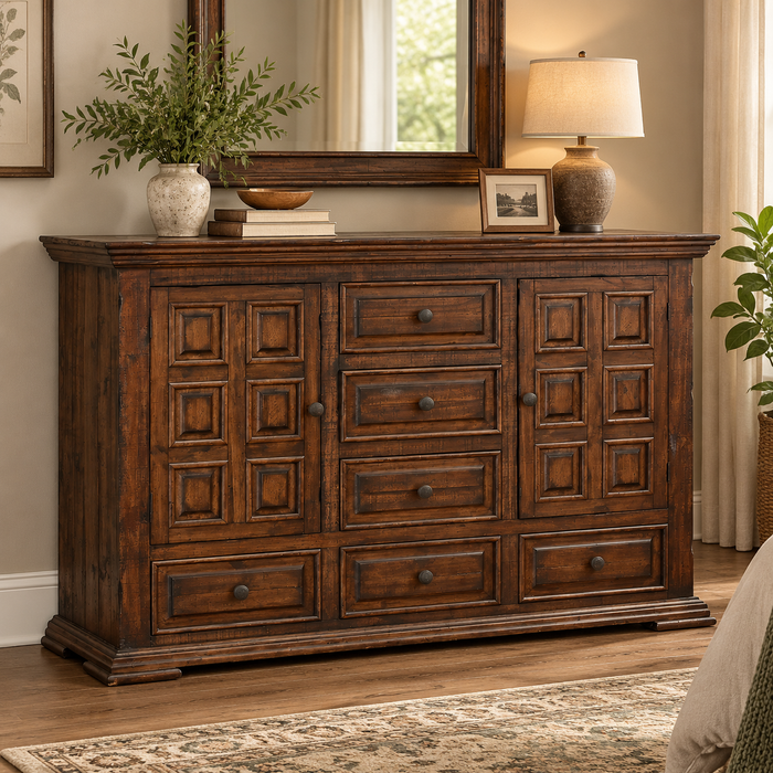 Greenview Carved Panel Dresser - Old World Brown