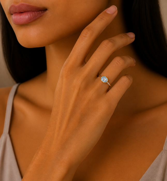 Sterling Silver Solitaire Ring, Decorated with Sky-Blue Topaz, Bezel Plated with 0.3 Micron 18K Yellow Gold