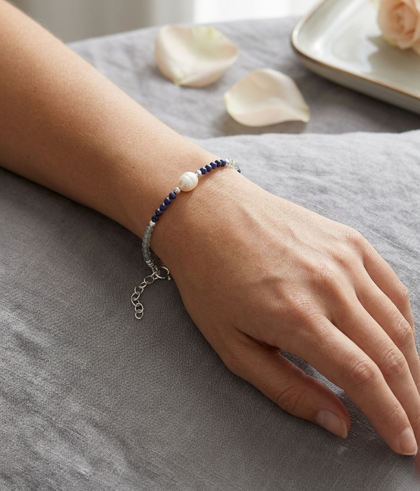 Sterling Silver Bracelet with Freshwater Pearls & Gemstone Beads -  7 - 8"
